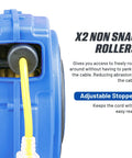 Retractable Extension Cord Reel With 50 Foot 16 AWG Cable features X2 non-snag rollers and adjustable stopper for easy use.