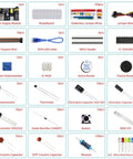 Maker Favorite Electronics Component Fun Kit With Power Supply Module And 830 Tie Point Breadboard showing components layout