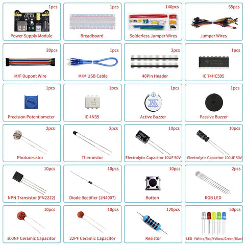 Maker Favorite Electronics Component Fun Kit With Power Supply Module And 830 Tie Point Breadboard showing components layout