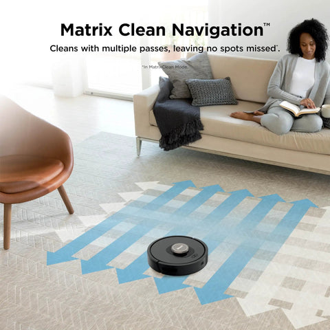 AI Robot Vacuum With XL Self Empty Base Mega Suction For Pet Hair Lidar Navigation Bagless 60 Day Capacity Alexa And WiFi Connected Cleans Carpet And Hard Floors Black in a living room.