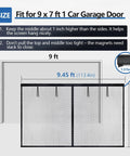 Diagram showing Magnetic Closure Garage Door Screen 9 by 7 Feet for One Car installed on frame