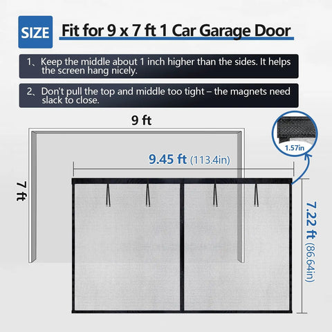 Diagram showing Magnetic Closure Garage Door Screen 9 by 7 Feet for One Car installed on frame