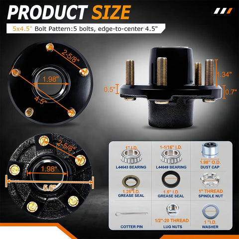 Solid Rig 2000 Lb 2 Pack Boat Trailer Hub Kit 5X4.5 Bolt Pattern sizes and specifications for heavy duty idler assembly.