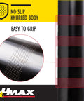 Close-up of Compact Pistol Grip Grease Gun with knurled no-slip body, easy to grip, black, built for one hand operation.