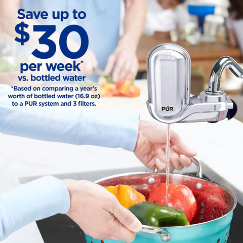 Lead Reducing Faucet Mount Water Filter For Your Sink Easy Install Great Tasting Water Save Money Ditch Bottled Water 100 Gallon Filter Life Chrome Finish Compatible With Sinks With External Aerators shown filtering tap water into a pot of vegetables.