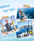 Collage of fishing: man holding two fish, person casting line, rods with ocean backdrop and "Capture the Fish" text.