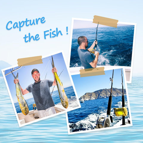 Collage of fishing: man holding two fish, person casting line, rods with ocean backdrop and "Capture the Fish" text.