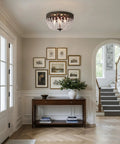 Antique Bronze Crystal Flush Mount Ceiling Light 15 Inch Diameter 4 Light Chandelier Fixture in elegant hallway setting