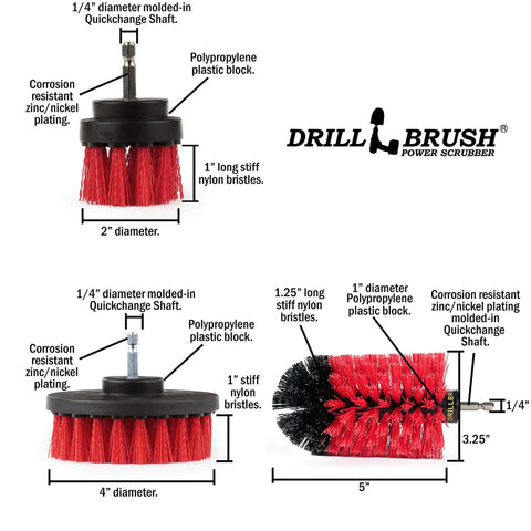 Drill Powered Outdoor Cleaning Brush Kit with 2-inch and 4-inch red nylon brushes for patio, deck, concrete, and gutter cleaning