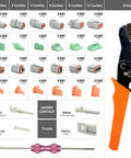 Pro Grade DT Connector Kit With Crimper And Terminal Removal Tools For IP68 Waterproof 2 3 4 6 8 12 Pin Automotive Electrical Connectors And Size 16 Stamped Contacts For Car Truck Marine Wiring displayed with labeled components and crimp tool.