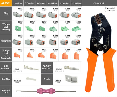 Pro Grade DT Connector Kit With Crimper And Terminal Removal Tools For IP68 Waterproof 2 3 4 6 8 12 Pin Automotive Electrical Connectors And Size 16 Stamped Contacts For Car Truck Marine Wiring displayed with labeled components and crimp tool.