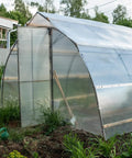 Transparent greenhouse structure in garden with plants, polycarbonate panels and metal frame, cloudy sky background