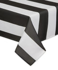 Cabana Stripe Outdoor Zippered Tabletop Cover 60 by 84 Inches Stain Resistant and Waterproof Machine Washable Easy Care for Patio Tables That Seat 6 to 8 Black showing black and white stripes.