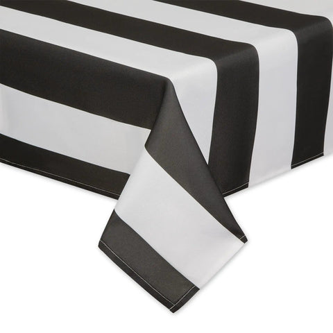 Cabana Stripe Outdoor Zippered Tabletop Cover 60 by 84 Inches Stain Resistant and Waterproof Machine Washable Easy Care for Patio Tables That Seat 6 to 8 Black showing black and white stripes.
