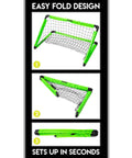 3-Foot Neon Green Insta Soccer Goal Set With Mini Ball And Pump All In One Kids Soccer Goal For Backyard Practice Portable 36x24x24 Inches Easy Quick Set Up Perfect For Toddlers And Beginners, showing folding process.