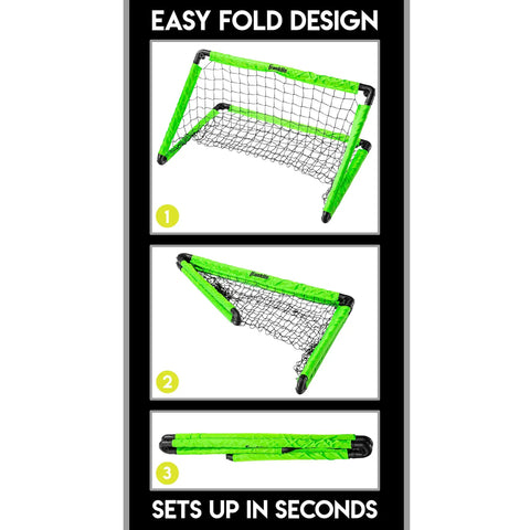 3-Foot Neon Green Insta Soccer Goal Set With Mini Ball And Pump All In One Kids Soccer Goal For Backyard Practice Portable 36x24x24 Inches Easy Quick Set Up Perfect For Toddlers And Beginners, showing folding process.