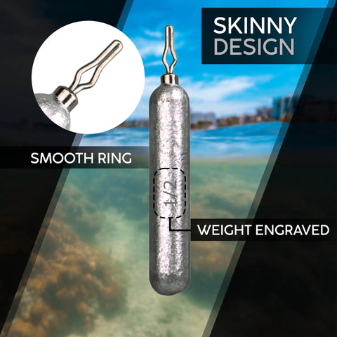 Drop Shot Weights One Half Ounce Pencil Sinkers With V Shaped Eyelet for quick rig swaps, highlighting slim design, silver color, and engraved weight
