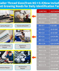 NAMOKA wall-mounted thread checker board with 31 SAE/Metric sizes and sizing chart; six repair-use photos.