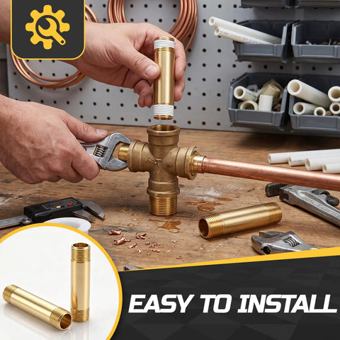 Hands installing Heavy Duty Brass Pipe Nipples Two Pack One Quarter Inch Npt Male Connectors on plumbing system.