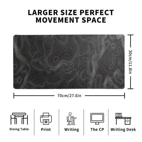 Extended Large Gaming Mouse Pad Desk Mat 27.6x11.8 Inches With 3mm Non Slip Base topographic design and size dimensions shown