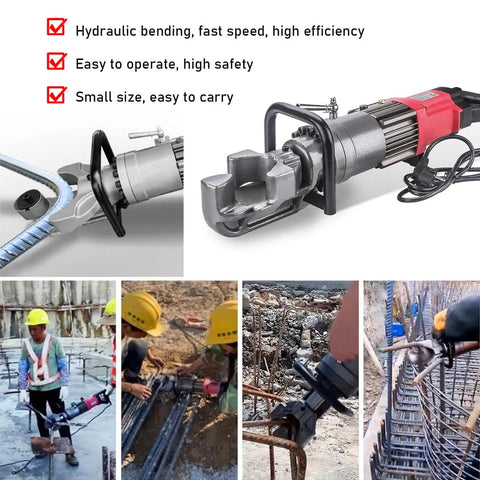Portable Electric Hydraulic Rebar Bender Cuts Rebar Up To 25 Mm Fast With Adjustable Angles From Zero To Ninety Degrees For Steel Rods, compact design.