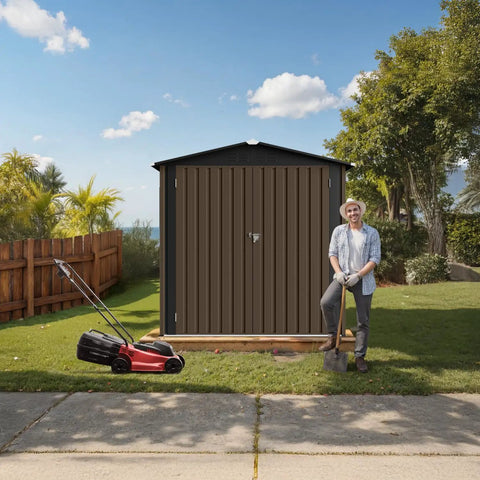 Man standing beside 6 By 4 Outdoor Storage Shed In Brown Sturdy Metal Building With Floor Frame And Operable Window Perfect Tool Shed For Garden Backyard Poolside Or Lawn Weatherproof Ventilated Storage For Tools And Gear