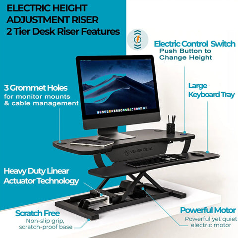 PowerPro 36 Inch Electric Standing Desk Converter with monitor, black ergonomic riser, wide keyboard tray and USB port