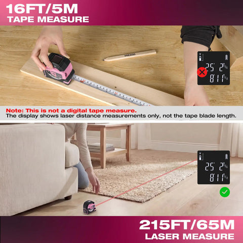 Two In One Laser Tape Measure With 215 Ft Laser Range And 16 Ft Manual Tape, measuring wood board and room distance