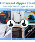 Universal Zipper Head use examples on bags, luggage, tents, jackets, boots, and wallets, showing practical applications.