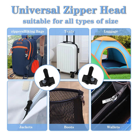 Universal Zipper Head use examples on bags, luggage, tents, jackets, boots, and wallets, showing practical applications.