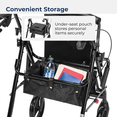 No Sweat Folding Rollator Walker And Transport Chair Combo With Slick Frame Smooth Ride Adjustable Backrest Supports Three Hundred Pounds For Easy Caregiver Handling, showing under-seat pouch with water bottle and notebooks.