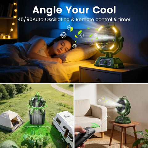 Portable Misting Fan With Four Mist Sprayers Rechargeable 9 Inch Oscillating Camp Fan USB Battery Power Bank 7L in use
