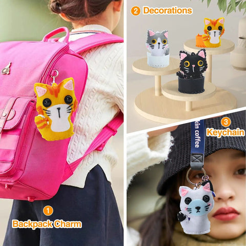 Cat Sewing Kit For Kids Beginners Starter Kit With Pre-Punched Felt Learn To Sew For Ages 6 To 12 Includes Five Kitten Projects Colorful Threads Safe Felt Pieces Totally DIY Gift For Girls And Boys showing backpack charm, decorations, and keychain.