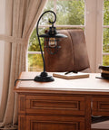 Lanterna II Dark Bronze Table Lamp With Vintage Edison Bulb Dope Lantern Head On An Arched Arm 23 Inch Tall Desk Light E27