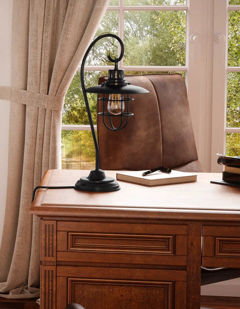Lanterna II Dark Bronze Table Lamp With Vintage Edison Bulb Dope Lantern Head On An Arched Arm 23 Inch Tall Desk Light E27