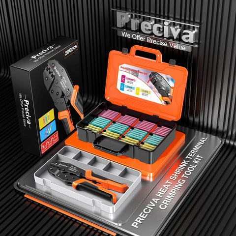 Heavy Duty Wire Crimping Tool Kit with Ratcheting Crimper and 200 pcs color-coded heat shrink connectors, 22-10 AWG in case