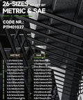 Ball End Allen Wrench Set With Torque Handle 27 Piece Long Arm Hex Key Kit size chart showing 13 Metric and 13 SAE sizes.
