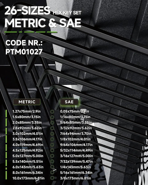Ball End Allen Wrench Set With Torque Handle 27 Piece Long Arm Hex Key Kit size chart showing 13 Metric and 13 SAE sizes.