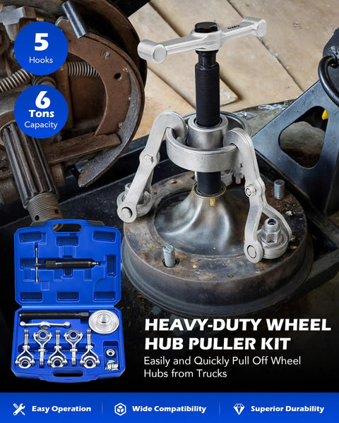 Beefy Heavy Duty Wheel Hub Puller Kit with hydraulic ram and adjustable hooks shown in operation on a vehicle hub