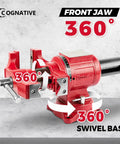 5 Inch Upgraded 360 Degree Positioning Bench Vise With 8800 Lb Clamp, Heavy Duty Ductile Iron Body, 60000 PSI Strength, Blue Powder Coat Finish, Zinc Plated Spare Parts, Precise Jaw And Rock Solid Grip., front jaw and swivel base