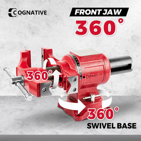 5 Inch Upgraded 360 Degree Positioning Bench Vise With 8800 Lb Clamp, Heavy Duty Ductile Iron Body, 60000 PSI Strength, Blue Powder Coat Finish, Zinc Plated Spare Parts, Precise Jaw And Rock Solid Grip., front jaw and swivel base