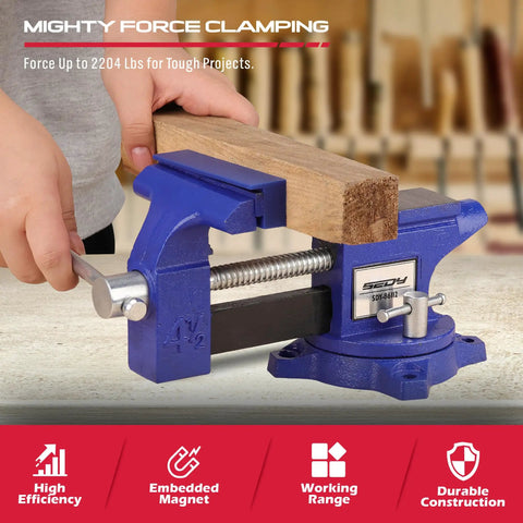 Person using Heavy Duty Four And A Half Inch Tough As Nails Bench Vise With Multi Jaw Design For Woodworking And Metalworking Clamps Flat Or Round Materials On A Workbench Or Table Clamp For Welding Drilling Milling And More on a wooden block.
