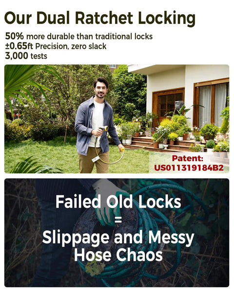 Man using Beefy Heavy Duty Retractable Garden Hose Reel 100 Ft 5/8 In Wall Mount with Brass Fittings, garden background