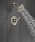 Woodhurst 14 Series Brushed Nickel Shower Trim Kit With Matching Shower Head And Handle Universal Rough-In Compatible Valve Not Included Great For A Slick Bath Remodel Look showing water flow