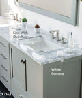 Kickstart Your Reno With This Legit 84 Inch Gray Double Sink Bathroom Vanity Featuring A Genuine White Carrara Top And Solid Wood Construction Plus Premium Brushed Nickel Hardware, showcasing sink and overflow detail.