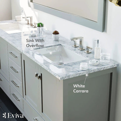 Kickstart Your Reno With This Legit 84 Inch Gray Double Sink Bathroom Vanity Featuring A Genuine White Carrara Top And Solid Wood Construction Plus Premium Brushed Nickel Hardware, showcasing sink and overflow detail.