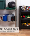 Jumbo Stackable Storage Bins Pack Of 3 With Large Easy Grip Handles And Wide Front Opening For Quick Access Interlocking And Vertical Stacking Heavy Duty Rust And Water Resistant Black in garage setting