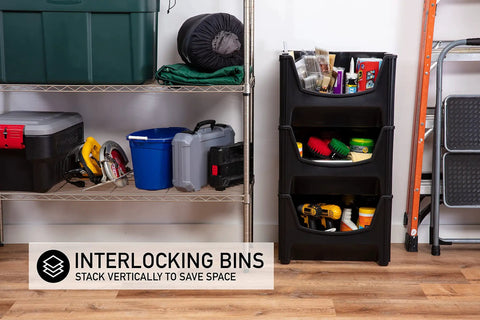 Jumbo Stackable Storage Bins Pack Of 3 With Large Easy Grip Handles And Wide Front Opening For Quick Access Interlocking And Vertical Stacking Heavy Duty Rust And Water Resistant Black in garage setting
