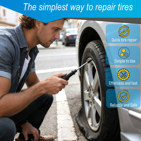Man using 61 Piece Tire Repair Kit With Self Screw In Plugs Screwdriver And Handy Storage Box for fast tire patch on car tire