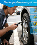 Man using Sixty Piece Heavy Duty Tubeless Tire Repair Kit With Slick Rubber Nails And Quick Cure Glue For Instant Puncture Fix.